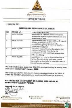 EXTENSION OF TENDER VALIDITY PERIOD NOTICE DECEMBER 2021