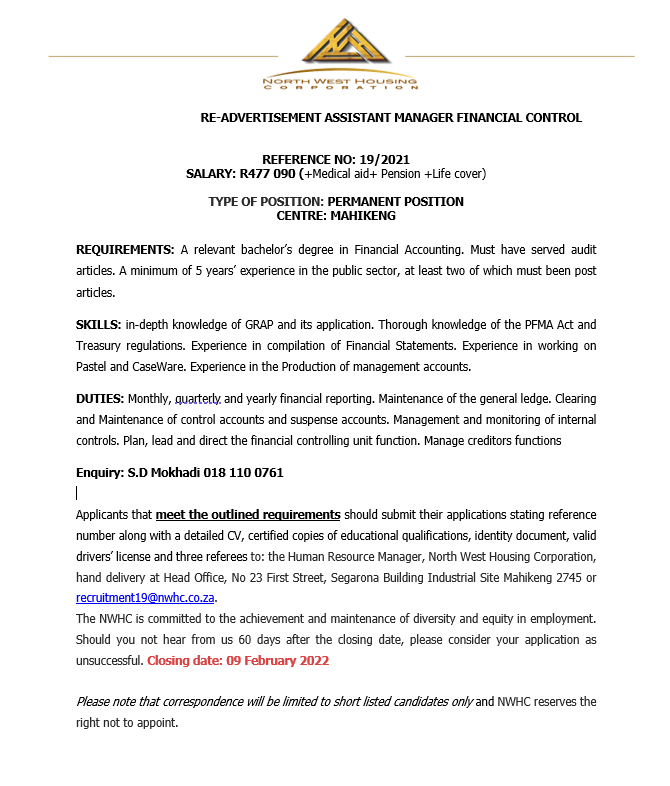 Vacancy | ASSISTANT MANAGER FINANCIAL CONTROL